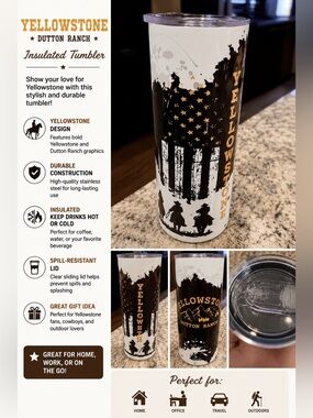 YELLOWSTONE Hand Crafted Black and White Yellowstone Button Ranch Travel Tumbler